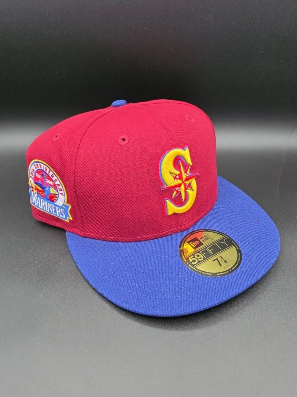 Seattle Mariners Rolling Papers 30 Patch New Era 59FIFTY Red Hat Club 7 3/8 NWT